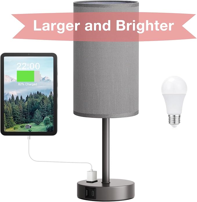 Fenmzee Grey Nightstand Bedroom Lamp - 3 Way Dimmable Bedside Lamp USB C A Charging Ports and AC Outlet, Small Table Lamp Linen Lampshade for Office Desk - Image 8