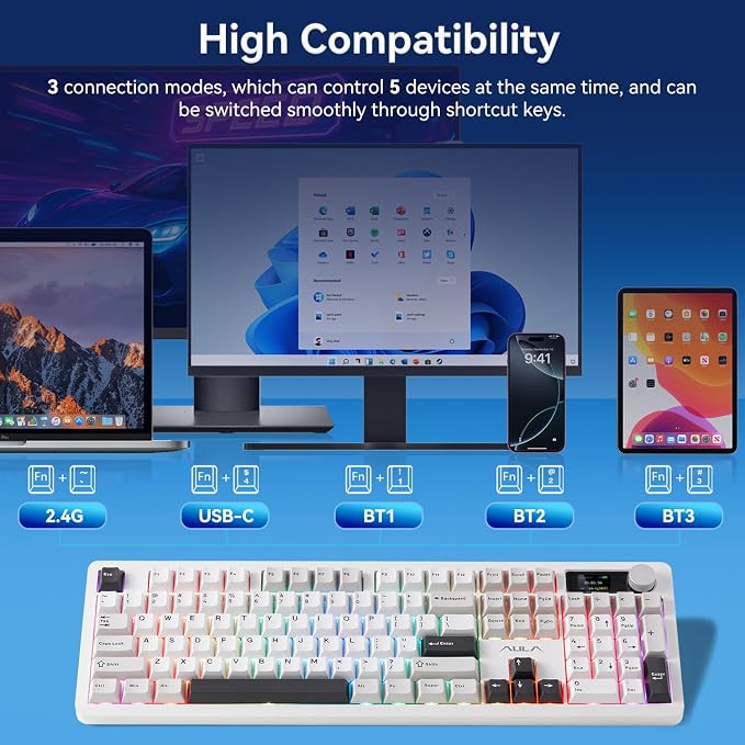 AULA F106 Pro Wireless Keyboard Full Size Mechanical Gaming Keyboards | Full Size,Hot Swappable Custom,8000mAh,RGB Backlit,Creamy Pre-lubed Blaze Switches,PBT Keycaps,Tri-Mode BT/2.4GHz/USB-C - Image 3