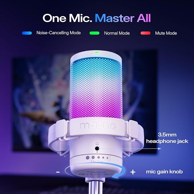 MAONO DGM20S USB Microphone for PC with Clear Voice & Noise Reduction | RGB Lighting, Tap-to-Mute, Gain Control, Monitoring and Boom Arm for Discord Gaming, Streaming, Content Creation.White - Image 5