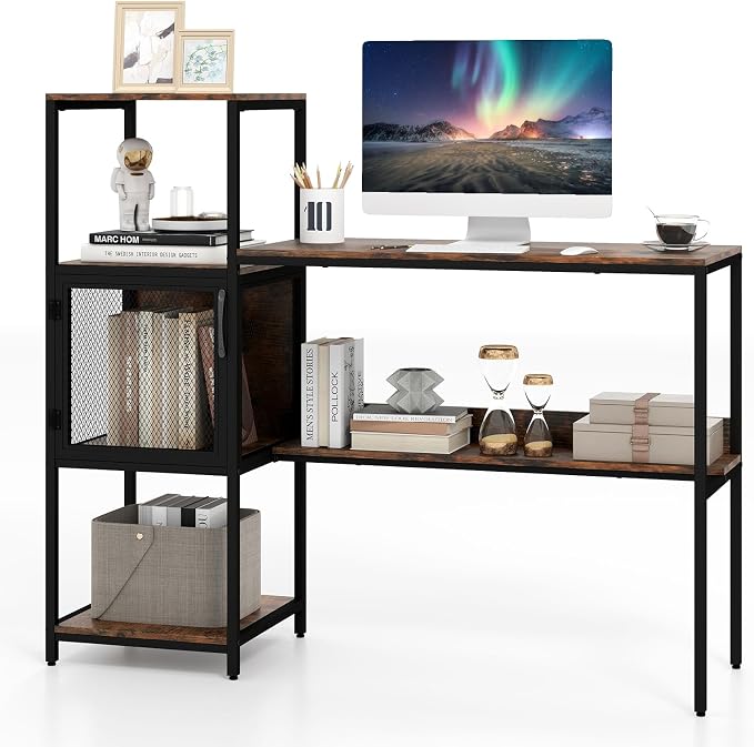 Giantex Computer Desk with Bookshelf, Modern Computer Workstation Home Office Desk with Storage Cabinet & Shelves, Metal Frame, Study Writing Desk for Small Space, Bedroom, Rustic Brown by Giantex