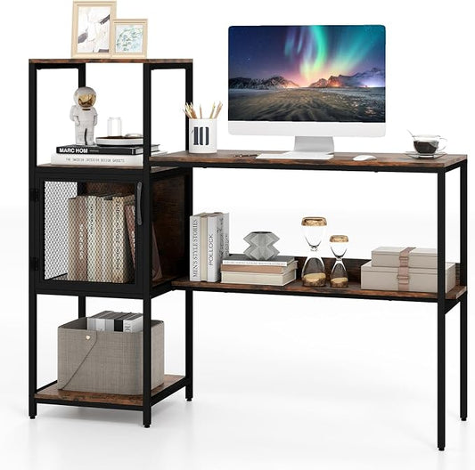 Giantex Computer Desk with Bookshelf, Modern Computer Workstation Home Office Desk with Storage Cabinet & Shelves, Metal Frame, Study Writing Desk for Small Space, Bedroom, Rustic Brown by Giantex