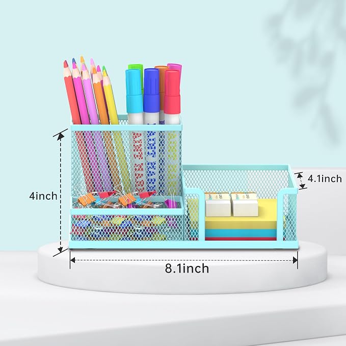 SUPEASY Mesh Pen Holder Desk Organizer, Office Supplies Pencil Storage with 3 Compartments, Office Desk Accessories and Workspace Organizers for Home School, Blue - Image 4