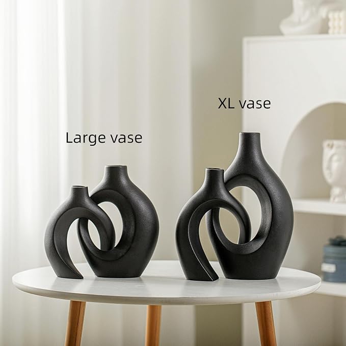 Lvases Snuggle Hollow Modern Ceramic Vase Set of 2, Mid Century Nordic Aesthetic Decorative Vase Decorative Vases for Home Table Decor (Matte Black W 6.8" X H 11") - Image 4