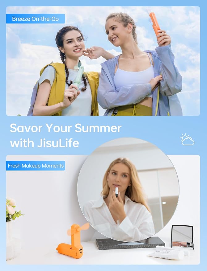JISULIFE 3 IN 1 Handheld Mini Fan - Portable Fan & Power Bank & Flashlight, 19H Max Cooling, USB Rechargeable, Pocket-Sized for Travel, Cruise, Concerts, Makeup, Summer Gifts for Women(Tropical Coral) - Image 7