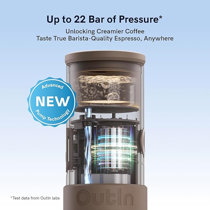 OutIn Mino Portable Electric Espresso Machine for Travel with Self-Heating | Mini Camping Coffee Maker, Pocket-Sized Coffee Machine, Ground Coffee & NS Capsule Adapter for Adventure, Tundra Brown - Image 4