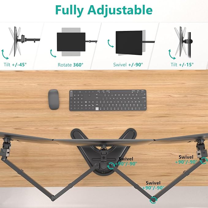 WALI Free Standing Triple Monitor Mount, Heavy Duty Triple Monitors Stand for 13-27 inch Screens, Adjustable 3 Monitor Arm Desk Mount with Swivel, Tilt, Rotation, Grommet Base (MF003N), Black - Image 5