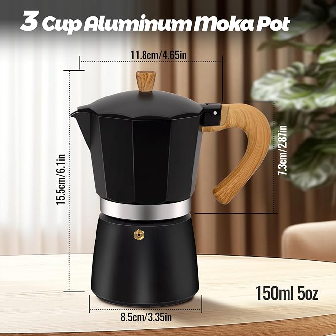 3 Cup Aluminum Moka Pot Classic Stovetop Espresso Coffee Maker 150ml 5oz Coffeemaker Percolator Mocha Pot Greca Coffee Maker Cafe Makers for Italian and Cuban Café Brewing Black - Image 2