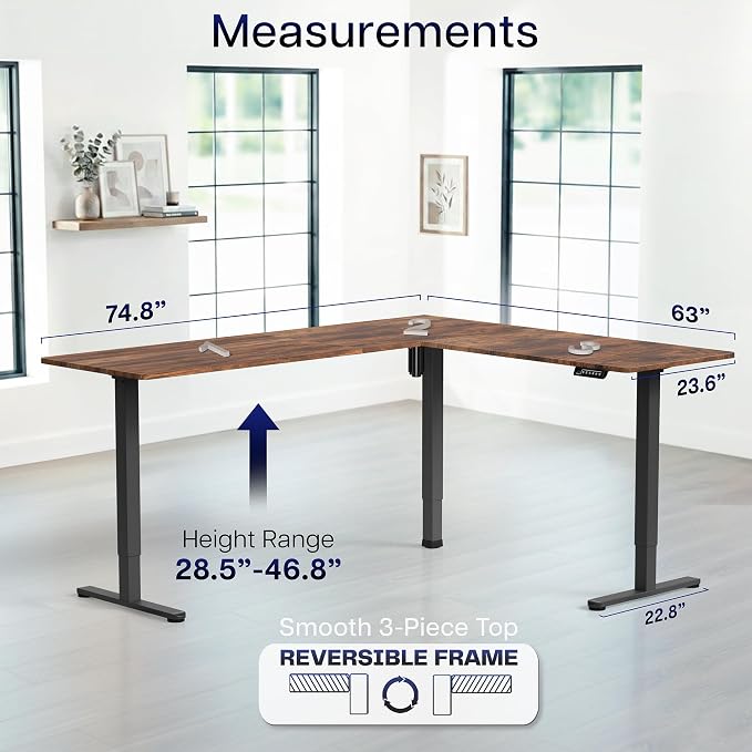 VIVO Vintage Brown 75 x 63 in Corner Standing Desk, DESK-E3CTN-75 | Electric, Large Reversible L-Shaped Table, Sit Stand Height Adjustable, Memory Controller, Office Furniture Sets, Black Frame - Image 5