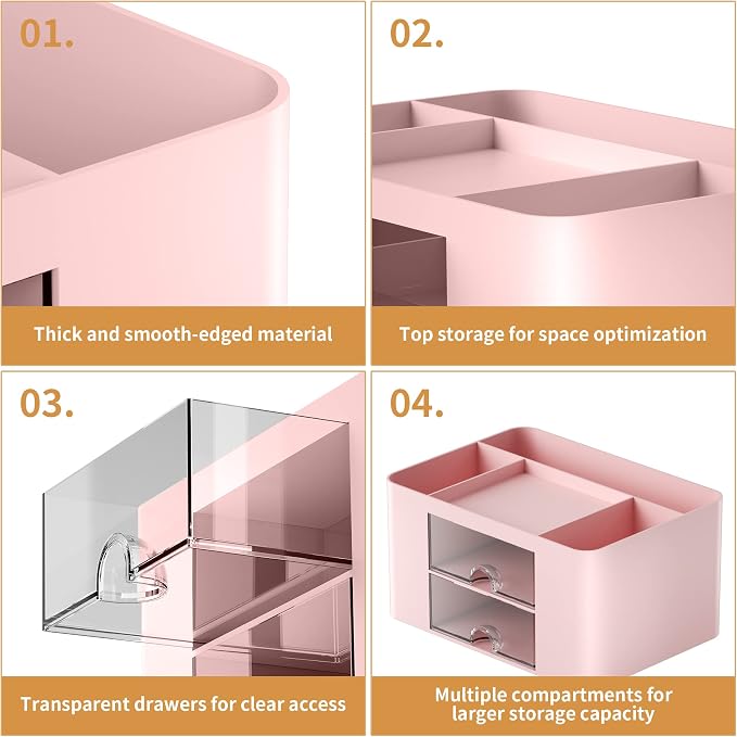 Marbrasse Pen Organizer with 2 Drawer, Multi-Functional Pencil Holder for Desk, Desk Organizers and Accessories with 5 Compartments + Drawer for Office Art Supplies (Pink) - Image 6
