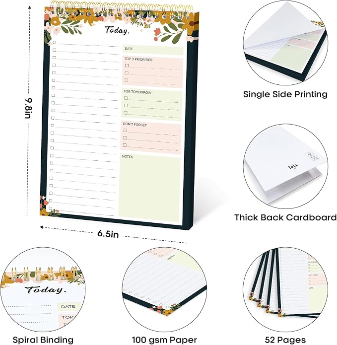 Taja To Do List Notepad, Undated Daily Planner for Work and Goal Setting | Rustic Floral, 52 Sheets, 9.8" x 6.5" , for Office, Home and school, Daily Task Planning, Notes and Everyday Organization - Image 6