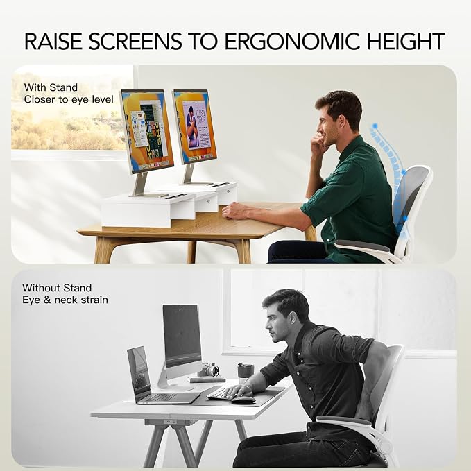 AMERIERGO Dual Monitor Stand Riser- 3 Shelf Screen Stand with Adjustable Length and Angle, 2 Extra Functional Slot Desktop Organizer Stand for PC, Computer, Laptop (White) - Image 4