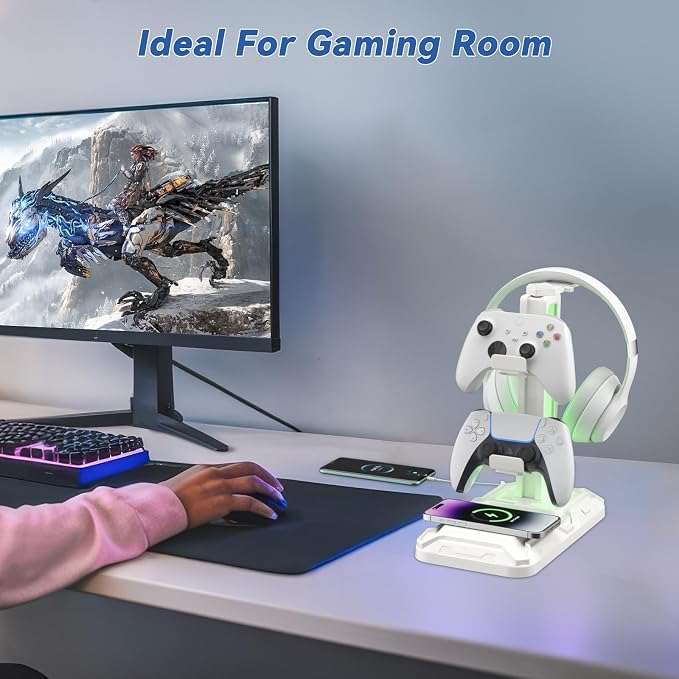 KDD RGB Headphone & Controller Stand with Wireless Charging - Rotatable Headset Stand with 9 Light Modes - Controller Holder with 2 USB and Type C Ports - for Gamers Desktop Accessories(White) - Image 7