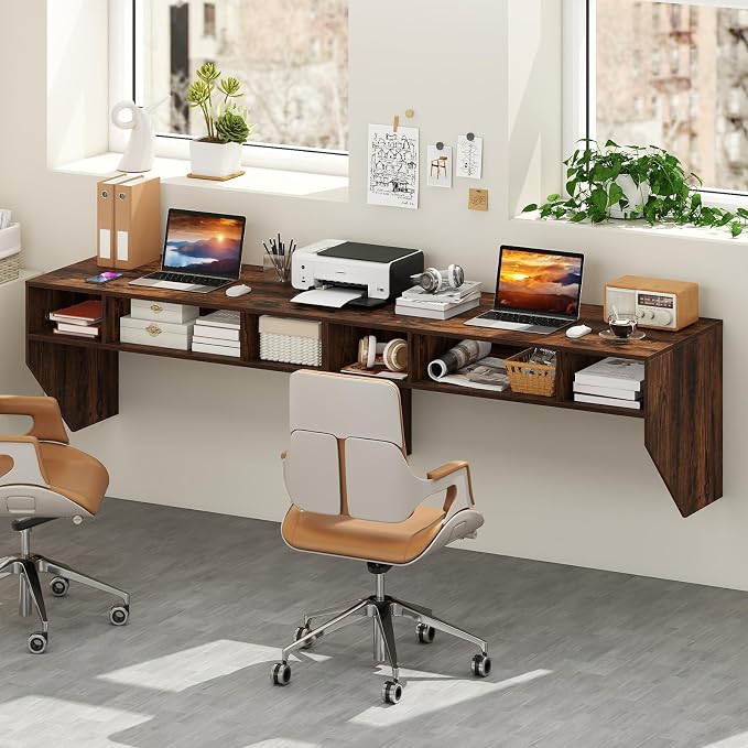 Giantex Wall-Mounted Computer Desk, Floating Laptop Desk with 3 Storage Compartments, Space-Saving Home Office Workstation Vanity Table for Bedroom, Study, Living Room (Rustic Brown) - Image 5