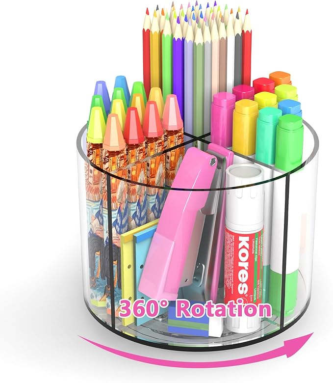 Small Pencil Organizer for Desk Acrylic Art Organizer Clear 4 Compartments | Rotating Art Supply Organizer for Kid, Spinning Marker Caddy Pen Organizer for Desk, Acrylic Pen and Pencil Organizer Storage by Wawocs