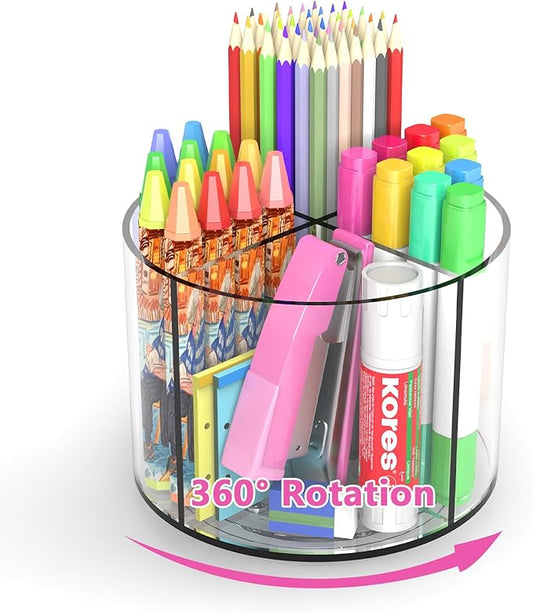 Small Pencil Organizer for Desk Acrylic Art Organizer Clear 4 Compartments | Rotating Art Supply Organizer for Kid, Spinning Marker Caddy Pen Organizer for Desk, Acrylic Pen and Pencil Organizer Storage by Wawocs