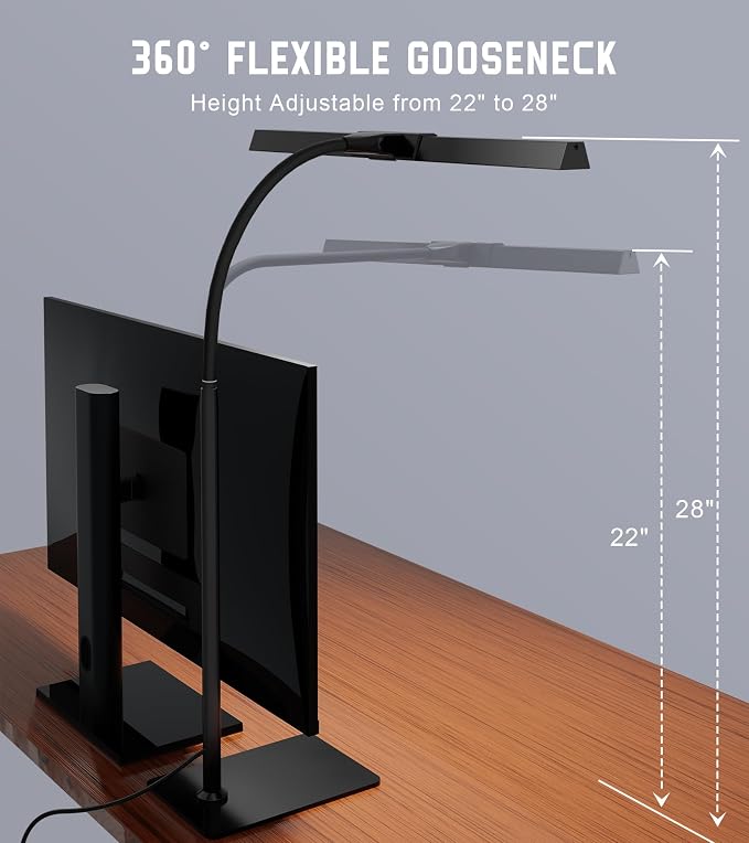 LED Desk Lamp for Home Office with Base, Eye-Caring Desk Light 12W | Tall Lamp for Computer Monitor Task Reading, Adjustable Gooseneck, 5 Dimmable Brightness & Color, USB Touch Control, Timer - Image 6