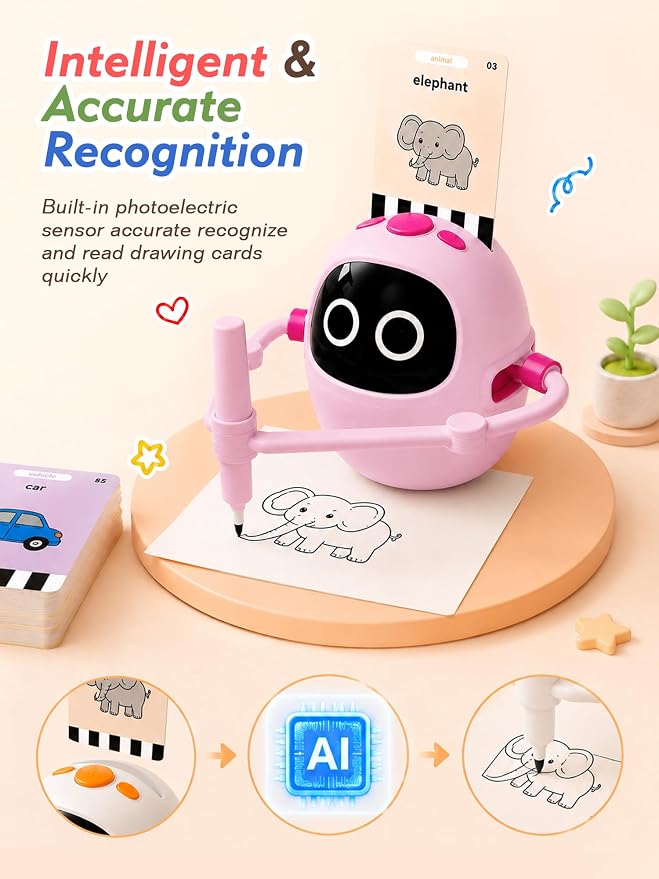 Drawing Robot Toys for Kids, 220 Flash Cards Gift for 3-8 Years Old Boys Girls, Montessori Doodle Art Painting with Voice Interactive for Beginners, Birthday (Pink) - Image 3