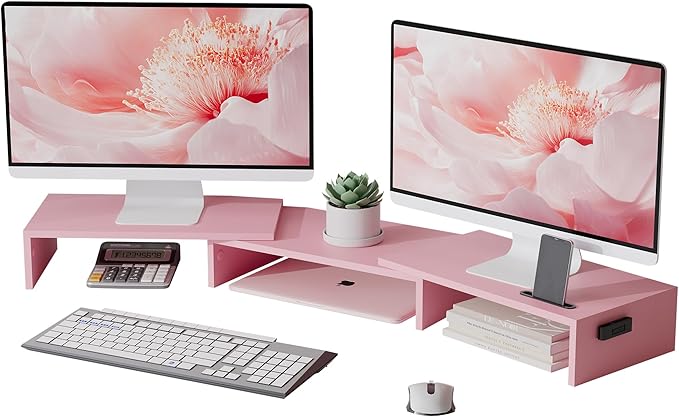 BONTEC Dual Monitor Stand Riser with Smartphone Holder, Adjustable Length & Swivel Angle, Ergonomic Wooden Desktop Organizer for PC Monitor, Laptop, Printer, Large Storage, 42.5 in, Pink by BONTEC