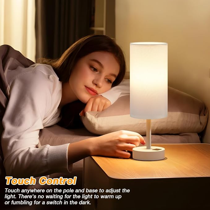 Dicoool Bedside Table Lamp for Bedroom - 3-Way Dimmable Touch Lamp, USB A+C | LED Bulb Included, 14" Small Nightstand Lamp for Desk, Living Room, Guest Room, White Fabric Lampshade, White Metal Base - Image 2