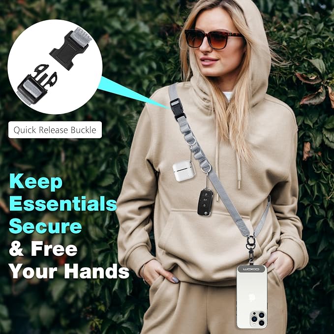 MoKo Universal Phone Lanyard, Nylon Adjustable Cell Phone Crossbody Strap Detachable Women & Men Cellphone Lanyards Around the Neck with Patches for iPhone, Most Smartphone, Dark Gray - Image 3
