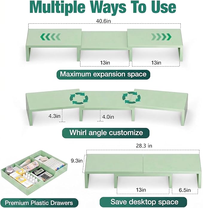OPNICE Dual Computer Monitor Stand Riser, Desk Organizer with Drawer, Office Desk Accessories & Workspace Organizers for Home Office Supplies, Green - Image 7