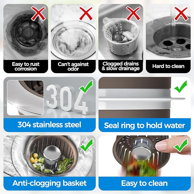 zaa 3 in 1 Kitchen Sink Drain Strainer Stopper Removable Basket Pop-Up | Kitchen Sink Accessories 1 Pack Brown Stainless - Food Catcher, Odor-Blocking Seal, Fits 3.5" Drain, Easy Clean - Image 7