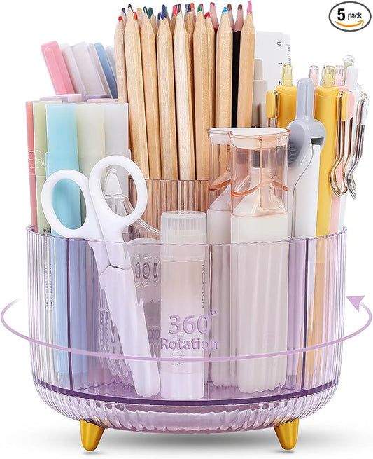 SKYDUE Rotating Pencil Pen Holder, Pen Organizer with 5 Slots - Aesthetic Desk Organizer and Accessories for School, Home, Office Supplies by SKYDUE