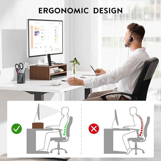 BONTEC Wooden Monitor Stand Riser, 2-Tier Desk Shelf with Storage Organizer, Ergonomic Computer Stand with Cable Management, Cellphone Holder, Walnut, 16.5 Inch - Image 6