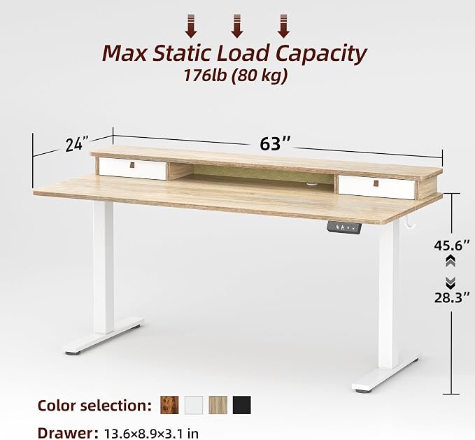 TIQLAB Standing Desk with Two Drawers, Stand Up Standing Desk Adjustable Height, Electric Sit Stand Table with Storage Shelf and Splice Board, 63 * 24 inch, Maple - Image 3