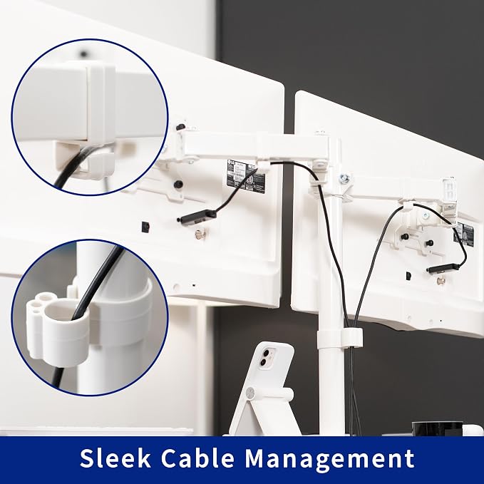 VIVO Dual Monitor Desk Stand for 13 to 32 inch Screens, STAND-V002FGW | Articulating, Freestanding Adjustable Monitor Arm, White with Glass Base, Computer Stand for 2 Monitors, Holds 22 lbs Each - Image 8