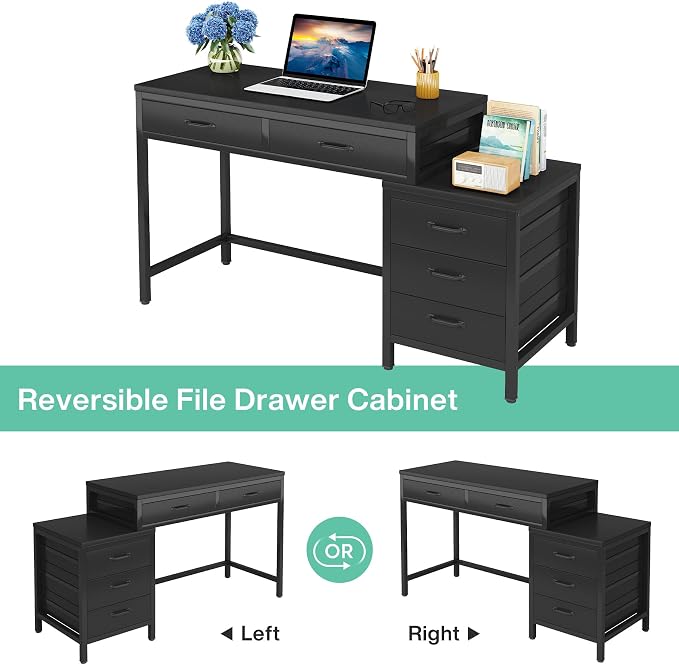 Tribesigns Computer Desk with 5 Drawers, Reversible Home Office Desks | Small Desk with Drawer Cabinet Printer Stand, PC Desk with Storage, Black Study Writing Table Workstation for Small Spaces - Image 6