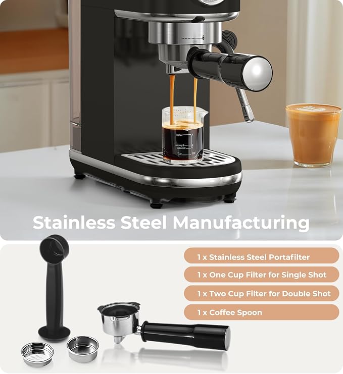 atatix 20 Bar Espresso Machine with Milk Frother, Compact Espresso Maker | Black Stainless Steel Coffee Machine,with Precise Temp Contro, 44oz Removable Water Tank for Latte, Cappuccino - Image 7