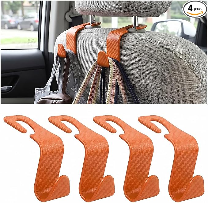 4PCS Car Seat Headrest Hooks, Auto Back Seat Hanger Holder, Durable Stylish Vehicle Organizer Universal Car Interior Accessories, Storage Hooks for Purses, Bags, Clothes (Carbon Fiber/Orange) by Hanemia