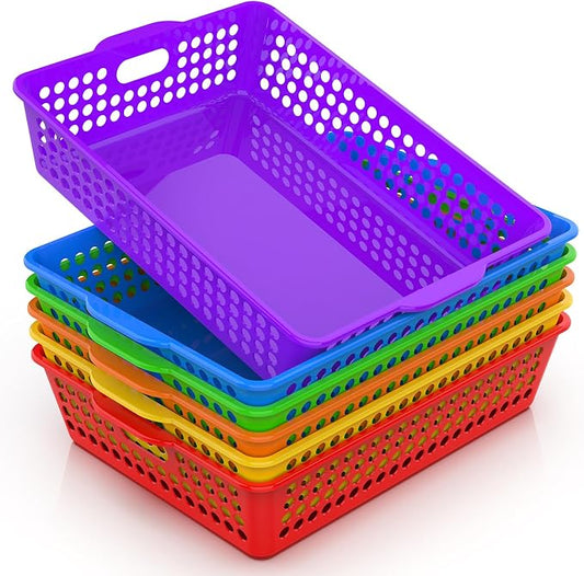 QRRICA 6 Pack Plastic Classroom Storage Baskets, Paper Trays for Classroom Organization & Turn in Trays for Teachers, Students, Desk Organizer Bin 13.8x10.6x3.1 Inch (Rainbow) by QRRICA