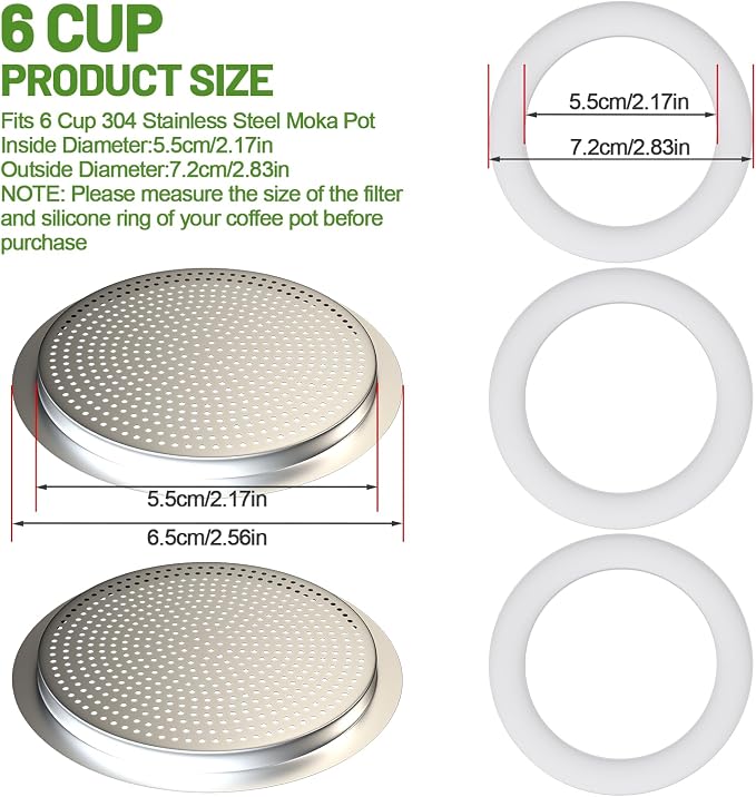 2 Pcs Filter with 3 Pcs Silicone Gasket Seals for 6 Cup Stovetop Espresso Coffee Maker Replacement Parts for 304 Stainless Steel Moka Pot - Image 2