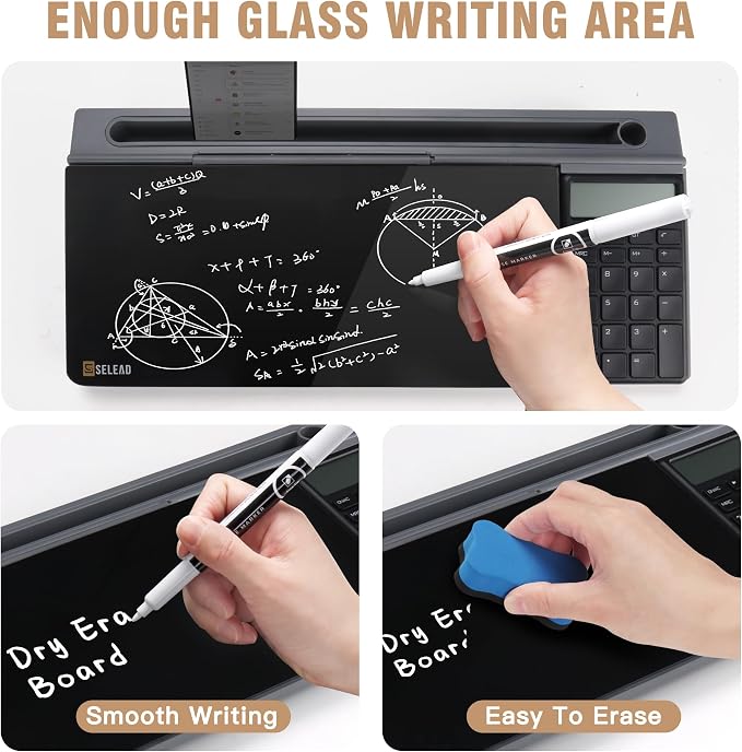 SELEAD Desktop Glass Whiteboard with Calculator, Dry Erase Board Computer Pad Keyboard Stand with Organizer Drawer for Home, School, Office Desk Accessories, Black - Image 4
