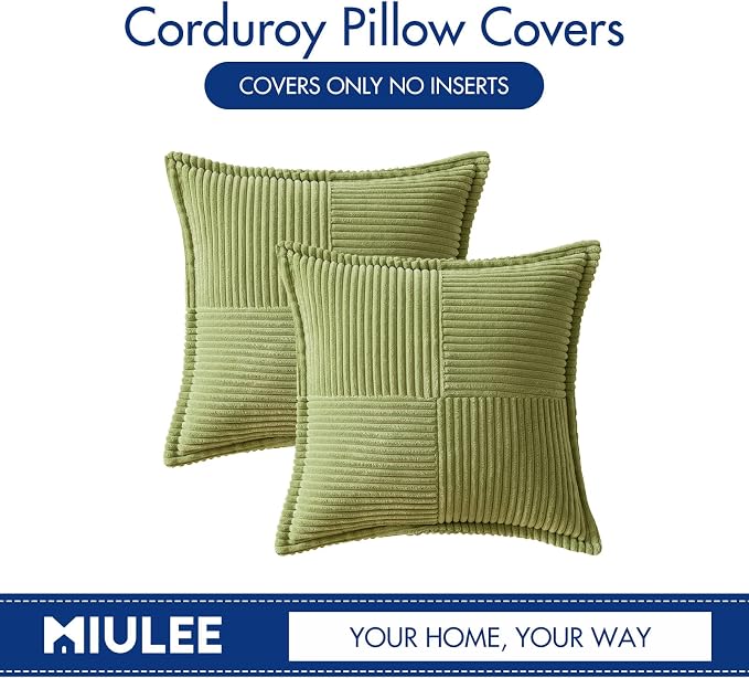 MIULEE Spring Decorative Throw Pillow Covers for Couch Bed Livingroom 20x20 Inch Set of 2 Green Boho Accent Throw Pllows Broadside Striped Patchwork Soft Corduroy Summer Pillowcases - Image 6