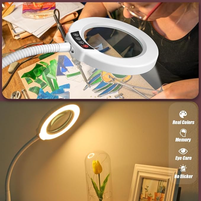 10X Magnifying Glass with Light and Stand, 16.5in Flexible Goose-Neck, 5 Color Modes Stepless Dimmable LED Lighted Desk Lamp, Hands Free Magnifier for Crafting Hobby Painting Close Work - White - Image 6