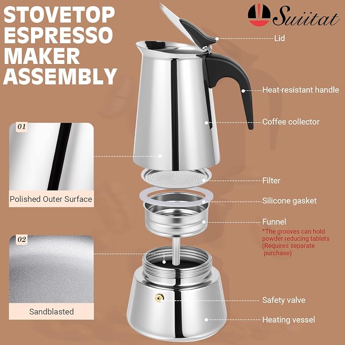9 Cup Stainless Steel Moka Pot, 450ml Stovetop Espresso Maker, Silver - Image 2