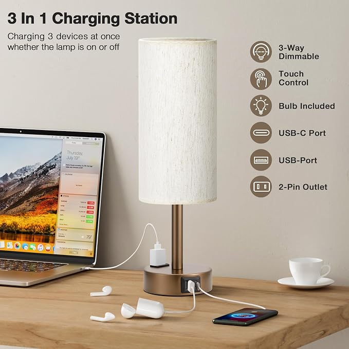 Fenmzee Brown Bedside Table Lamp for Bedroom - 3 Way Dimmable Touch Lamp USB C Charging Ports and AC Outlet, Small Lamp Round Flaxen Cream Fabric Shade for Living Room, Desk, LED Bulb Included - Image 2