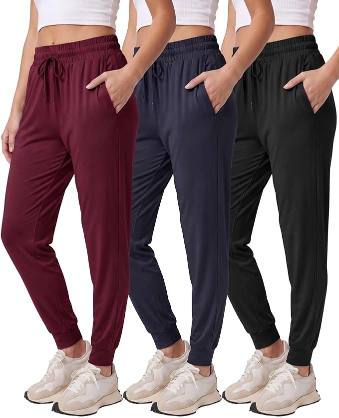 3 Pack Women's Lounge Joggers Sweatpant Active Athletic Yoga Workout Pocket | Available in Plus Size, Ladies Casual, Drawstring Gym Pants, Sleep Bottoms, Hiking, Running, Fitness, Exercise, Pajama, Soft by RealEssentials