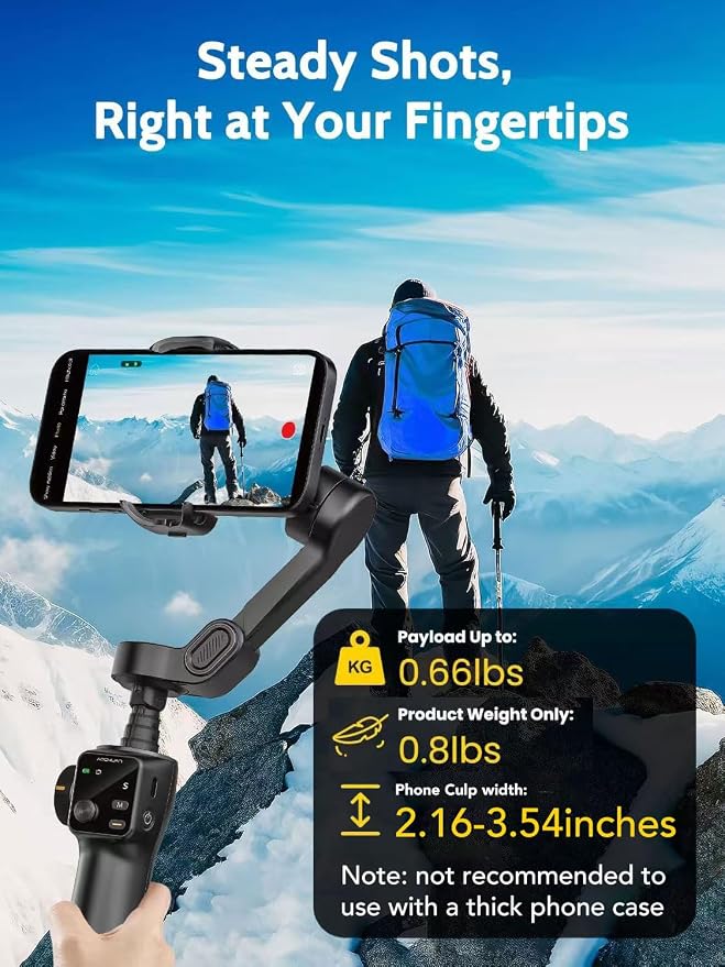 AOCHUAN 3-axis Gimbal Stabilizer for iPhone w/Built-in 7.8' Extension Rod, Smartphone Gimbal w/AI Tracking, Portable Phone Holder for iPhone & Android w/Full-Screen OLED Display, Smart V8(Black) - Image 7