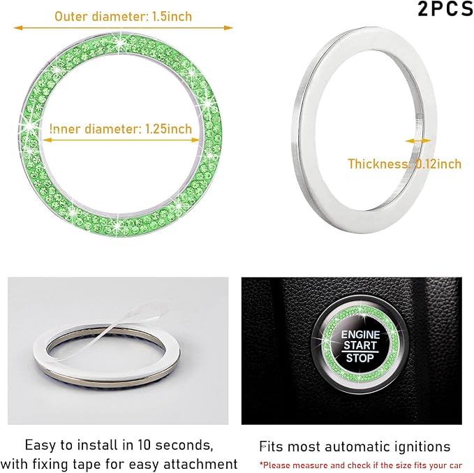 Kewucn 2 PCS Bling Crystal Double Rhinestone Car Engine Start Decoration Ring, Sparkling Push Start Button Sticker, Key Ignition & Knob Ring Decoration, Bling Car Interior Accessory(Light Green) - Image 2