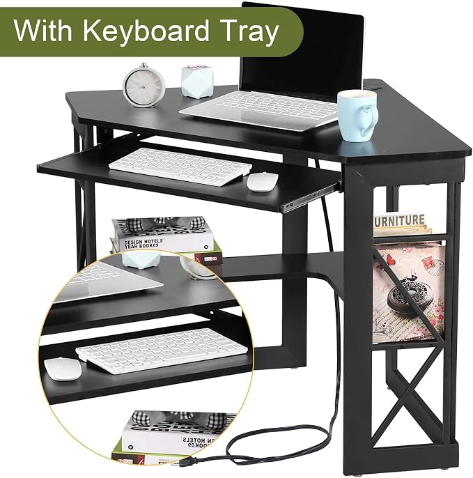 VECELO Corner Desk, Triangle Computer Desk for Small Space with Charging Station and Keyboard Tray, Corner Makeup Table with Storage Shelves for Home Office Bedroom, 41x30, Balck - Image 4
