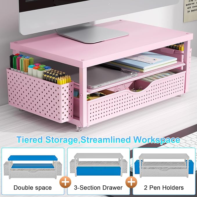 gianotter Desk Organizers and Accessories, Monitor Stand with Drawer and 2 Pen Holder, Desktop Organizer Suitable for Offices and Dormitories (Pink-Plain) - Image 5