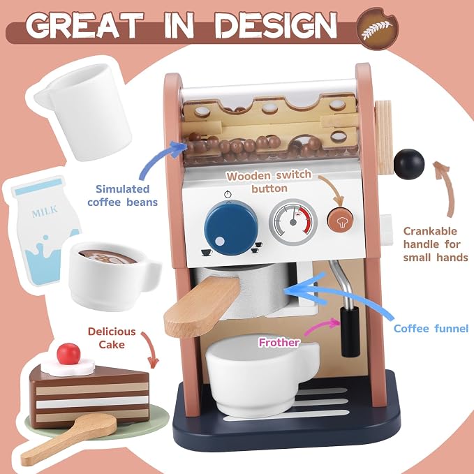 GAGAKU Wooden Coffee Maker Toy 14 pcs Play Kitchen Accessories Toy Coffee Maker for Kids Pretend Playset Toddler Coffee Maker Gifts for Boys and Girls - Image 2