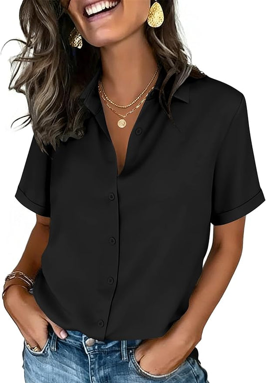 Zeagoo Button Down Shirts for Women Short Sleeve Collared Tops Dressy Casual V Neck Blouses by Zeagoo