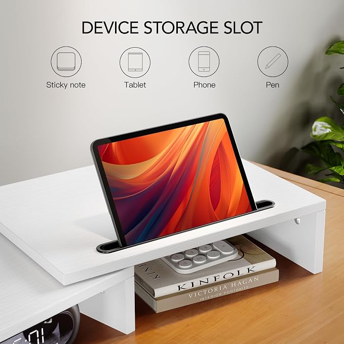 AMERIERGO Dual Monitor Stand Riser- 3 Shelf Screen Stand with Adjustable Length and Angle, 2 Extra Functional Slot Desktop Organizer Stand for PC, Computer, Laptop (White) - Image 5