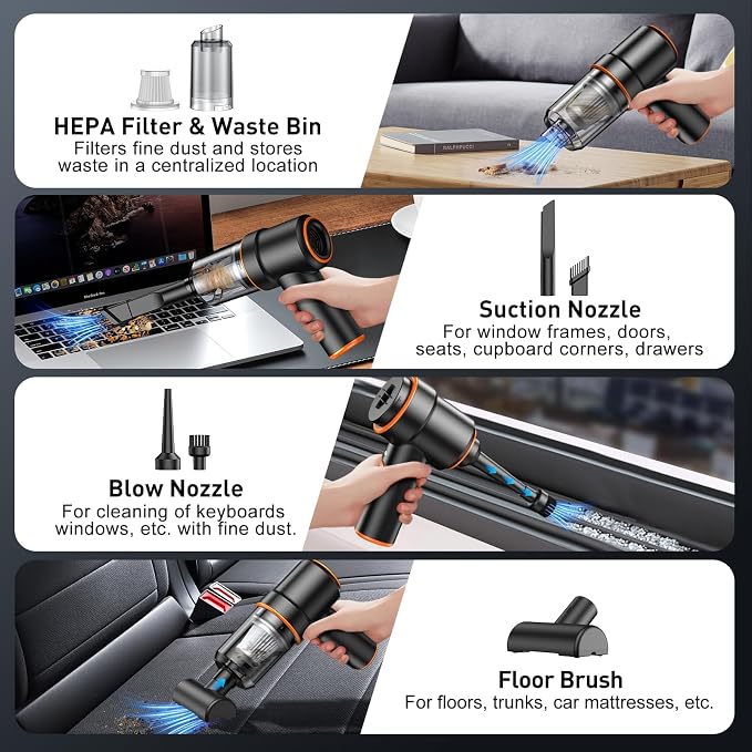 KMM Handheld Car Vacuum Cleaner, 9000PA Vacuum Cleaner & Air Duster, 120W High Power Vacuum Portable Cordless, Hand Held Vacuum Rechargeable with Multi-Nozzles & LED Light for Home, Car, Office - Image 5