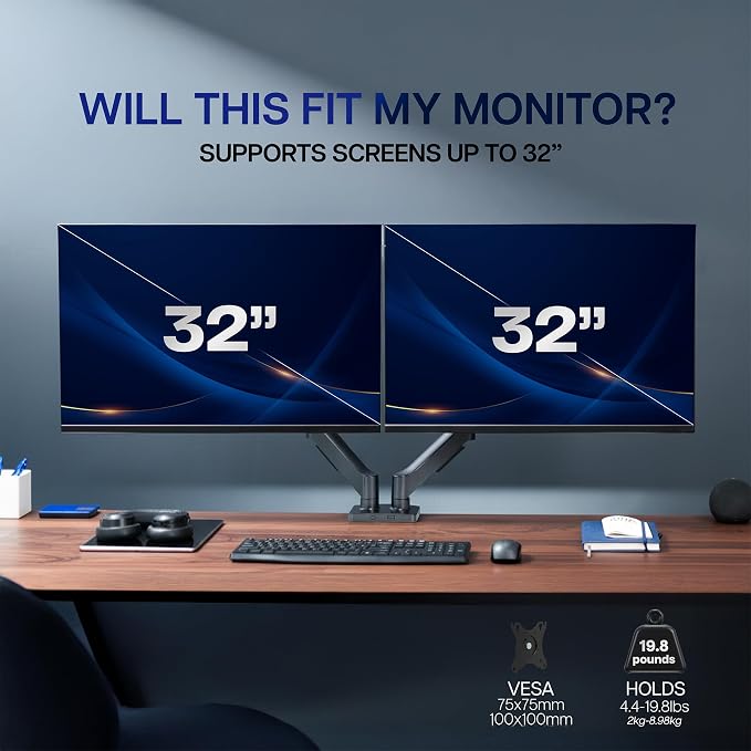 VIVO Dual Monitor Stand, Fully Adjustable Arms for 17 to 32 inch Screens, Mechanical Articulating Desk Mount, Gaming and Office Setups, VESA 75x75, 100x100, Max 19.8 lbs, Classic, Black, STAND-V002O - Image 6